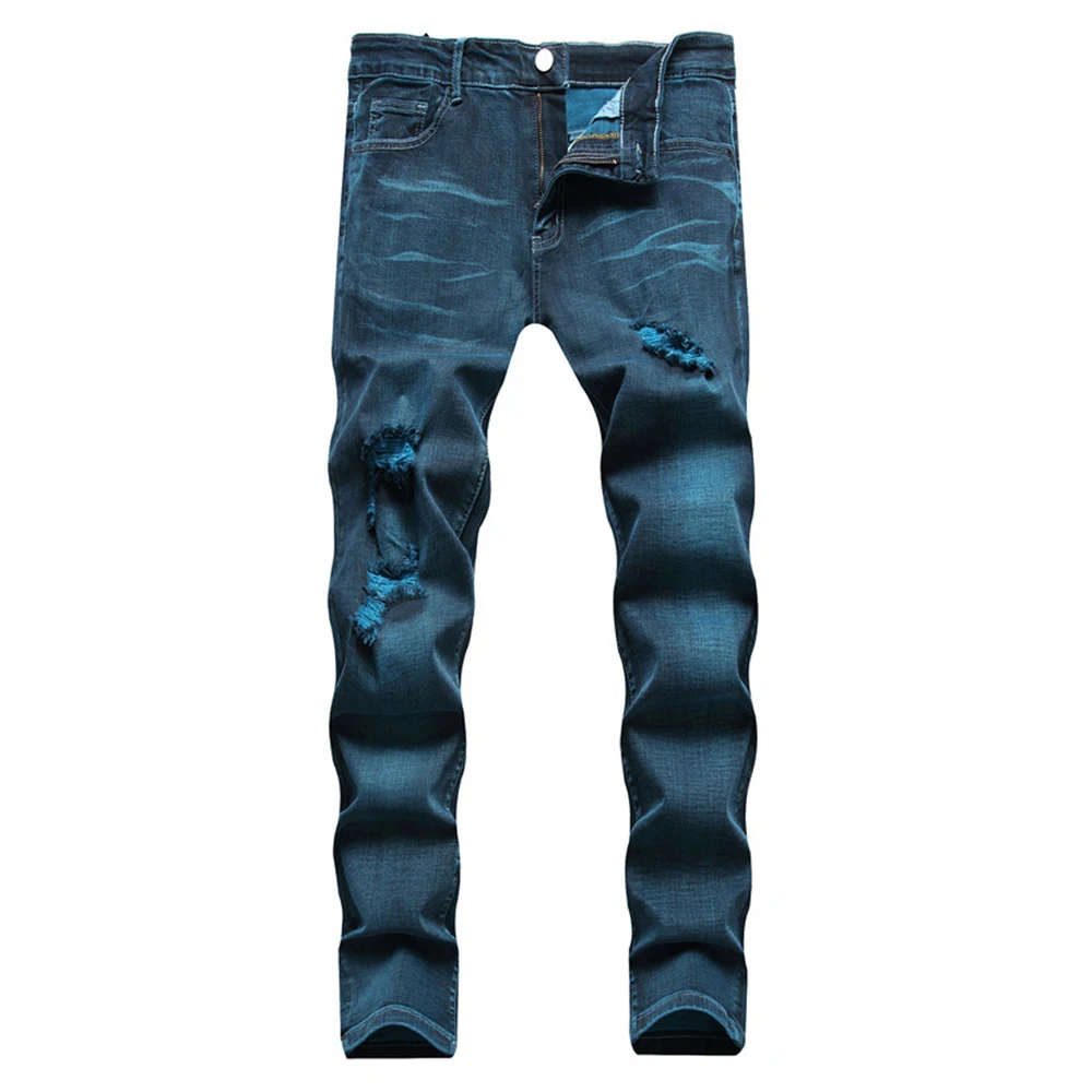 

Men Indigo Blue Stretch Denim Jeans Streetwear Holed Ripped Pants Plus Size Middle Waist Slim Straight Trousers