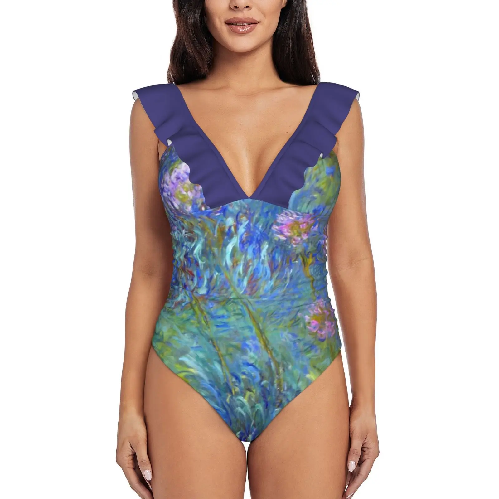 

Женский слитный купальник-монокини с цветочным принтом и оборками