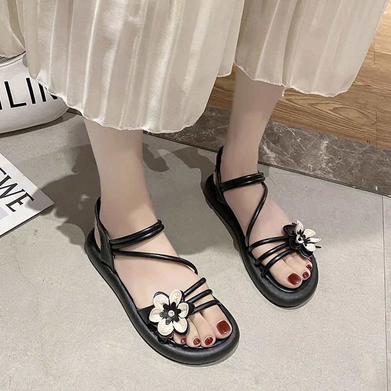 

Low Sandals Woman Leather 2022 Summer Espadrilles Platform Female Shoe Soft Clear Heels Low-heeled High Fashion Comfort Flat Gir