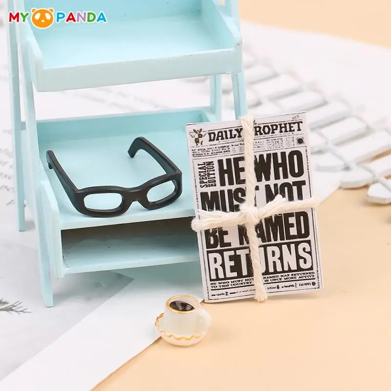 

1Set 1:12 Dollhouse Miniature Mini Newspaper Glasses Coffee Model DIY Magazines Book Morning Tea Dolls Furniture Toy Accessories