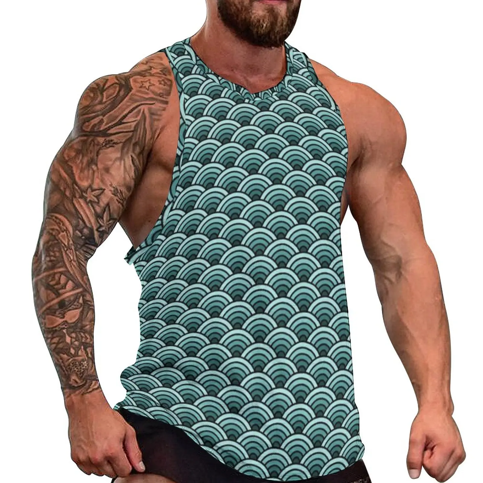 

Green Blue Seigaiha Tank Top Traditional Japan Streetwear Tops Summer Bodybuilding Males Graphic Sleeveless Shirts Large Size