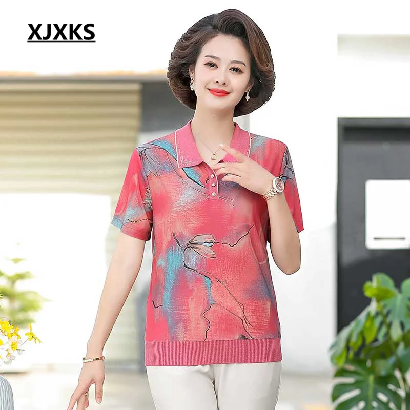 

Новинка 2022, изысканная Женская летняя футболка XJXKS с принтом, СВОБОДНЫЙ Модный Топ большого размера с отворотом и коротким рукавом, футболки