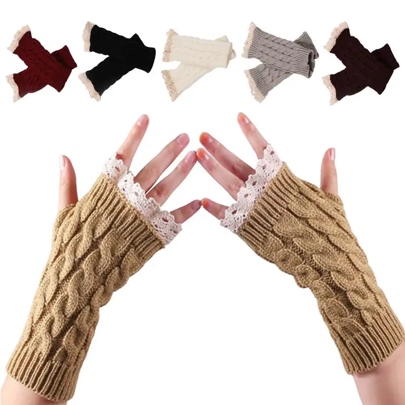 

Women Half Finger Gloves Warmer Knitted Half Finger Gloves Women's Warm Knitted Gloves With Lace Trim Lengthened Wristband Glove