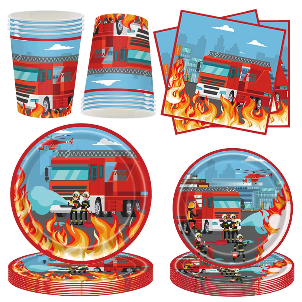 Пожарная одноразовая посуда пожарная машина тарелки салфетки чашки скатерть для