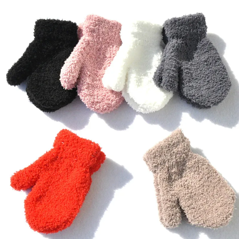 Children's winter outdoor warm knitted gloves with plush and thickened bunched small gloves
