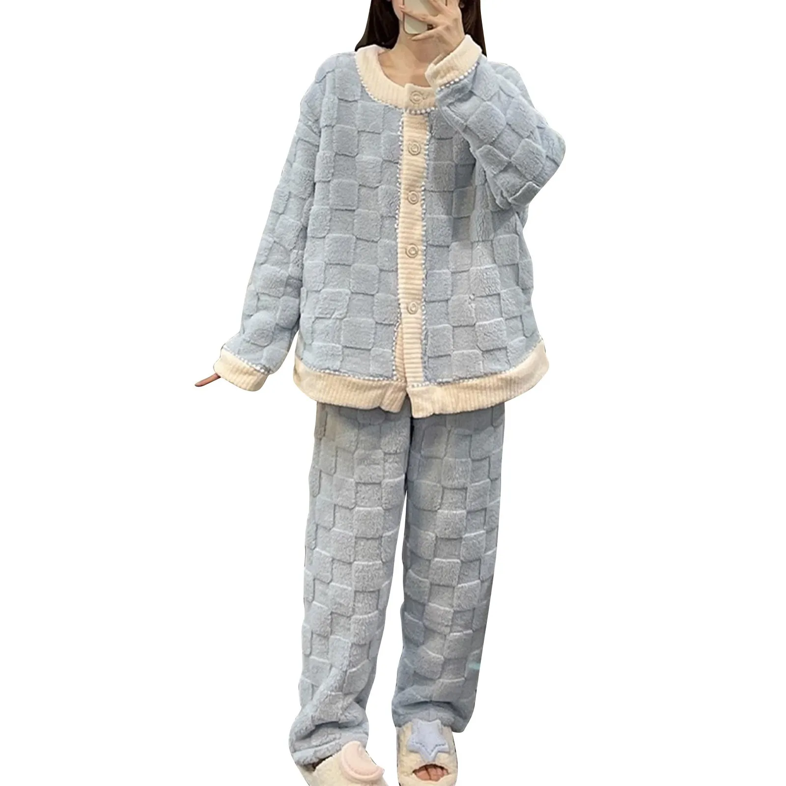 

Women'S Autumn And Winter Thickened Plush Pajamas Solid Color Warm Waffle Plaid Cardigan And Trousers 2-Piece Home Wear Set