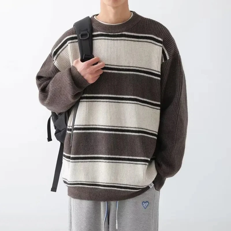 

Knitted Sweaters Men Pullover Striped Sweater Autumn New Fashion Casual Loose Thick O-Neck Oversize Harajuku Streetwear Knitwear