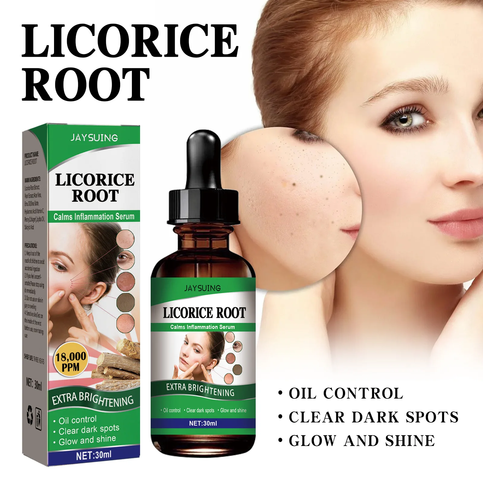 

Licorice Facial Essence Moisturizing Whitening Shrinks Pores Fades Wrinkles Acne Prints Blackheads Reduces Pigmentation 30ml