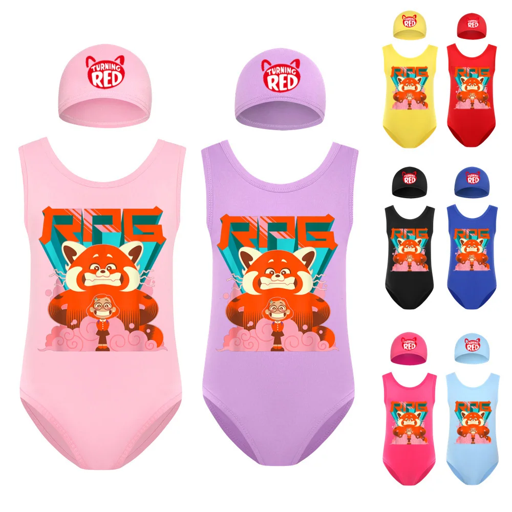 

New Movie Red Panda Swimwear Kids One Piece Beach Wear with Cap Sleeveless Swimming Toddler Girls Cartoon Swimsuit Bathing Suits