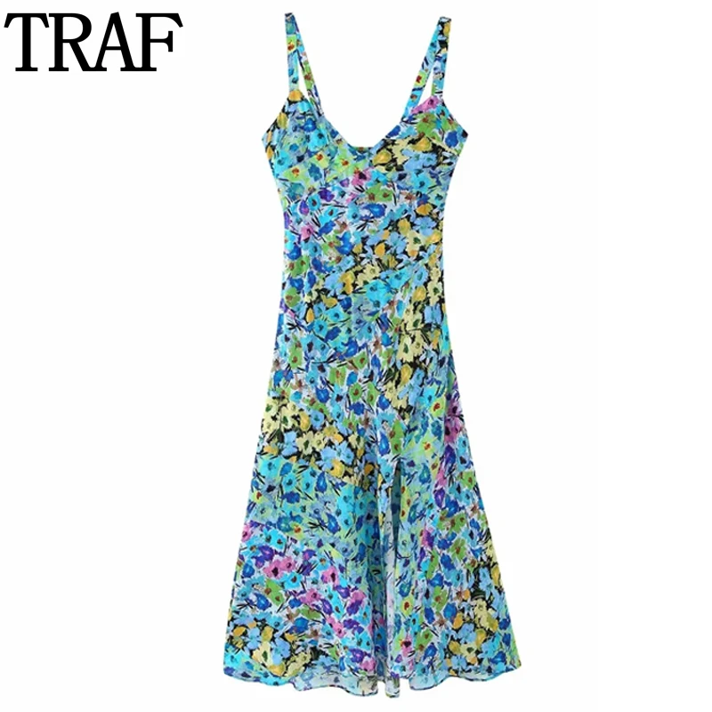 

TRAF Floral Slip Dress Woman Pleated Long Dress Women Sexy Backless Party Dresses for Women 2023 Straps Beach Summer Midi Dress