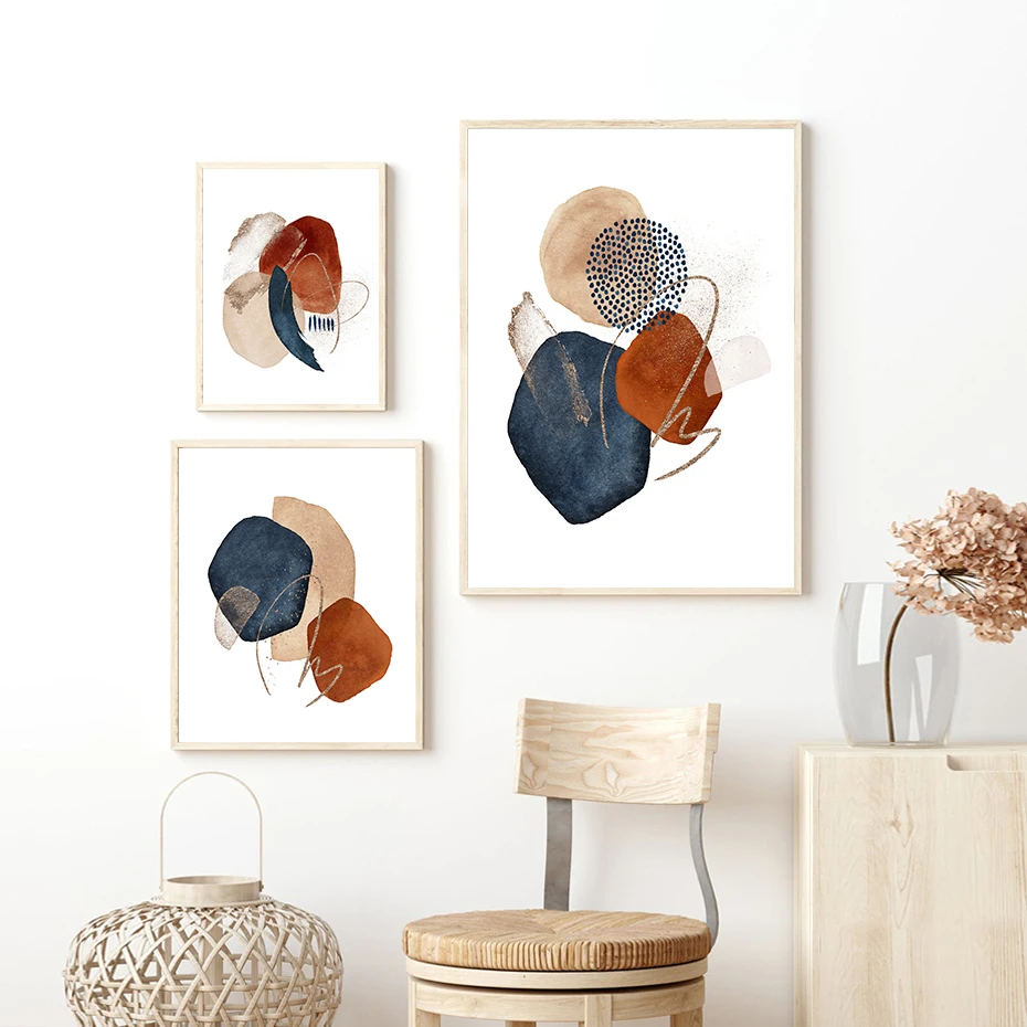 Абстрактный геометрический постер Терракотовая темно-синяя оранжевая стена