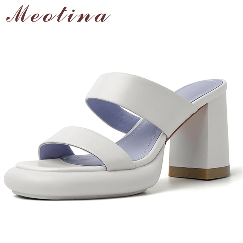 

Meotina Women Genuine Leather Sandals Thick Heel Platform Shoes High Heels Square Toe Lady Footwear Female Sandals Summer Beige
