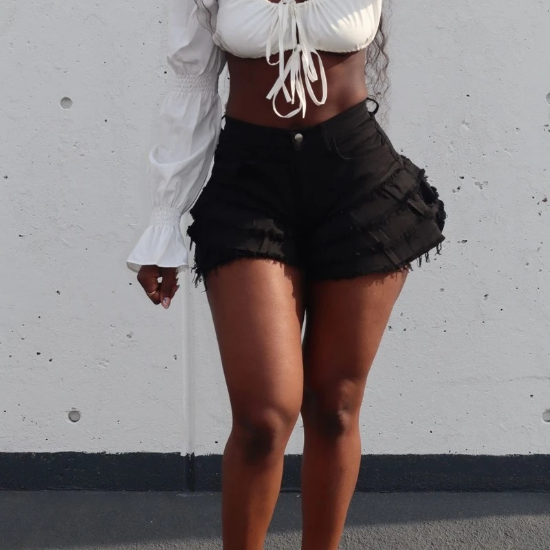 Women's Vintage High Waist Button Layered Ruffles Shorts 2023 Bottoms Solid Summer Ripped Denim Shorts Casual Lady Flared Pop