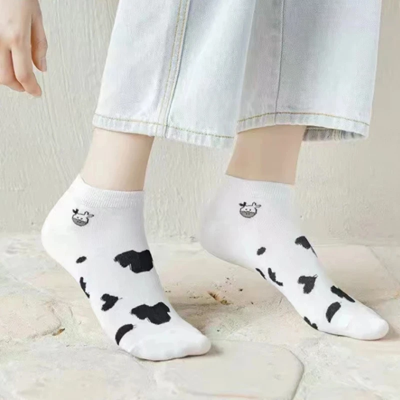 10 Pair Cow Print Low Tube Socks Women Summer Short Cartoon Bear Cotton Ankle Sock Cute Asakuchi Breathable Girl Foot Sokken Set