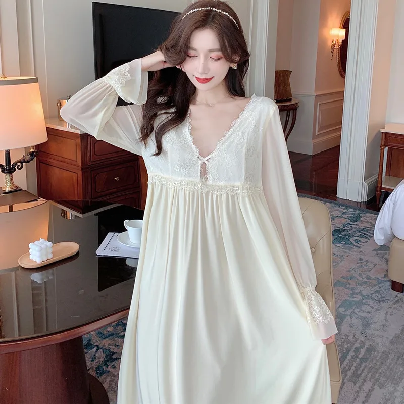 

Белая однотонная винтажная ночная рубашка с глубоким V-образным вырезом, пикантные кружевные ночные рубашки, пуловер, одежда для сна с длинным рукавом, сетчатая Пижама с нагрудниками