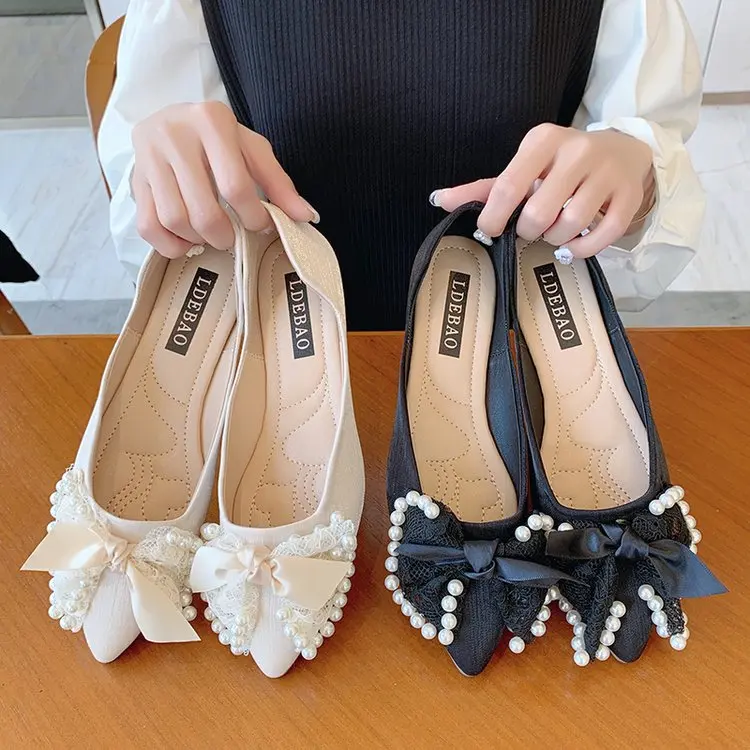 

Moccasin Shoes Pointed Toe Autumn Pearl Decorateion Elegant Female Footwear Casual Sneaker Shallow Mouth Bow-Knot Low Heels Mocc