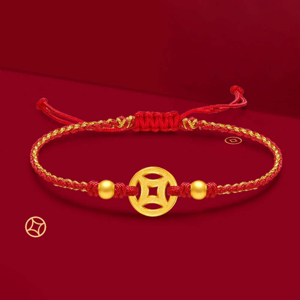 Аутентичный браслет из желтого золота 999 пробы 24 карата с красным шнуром 3D