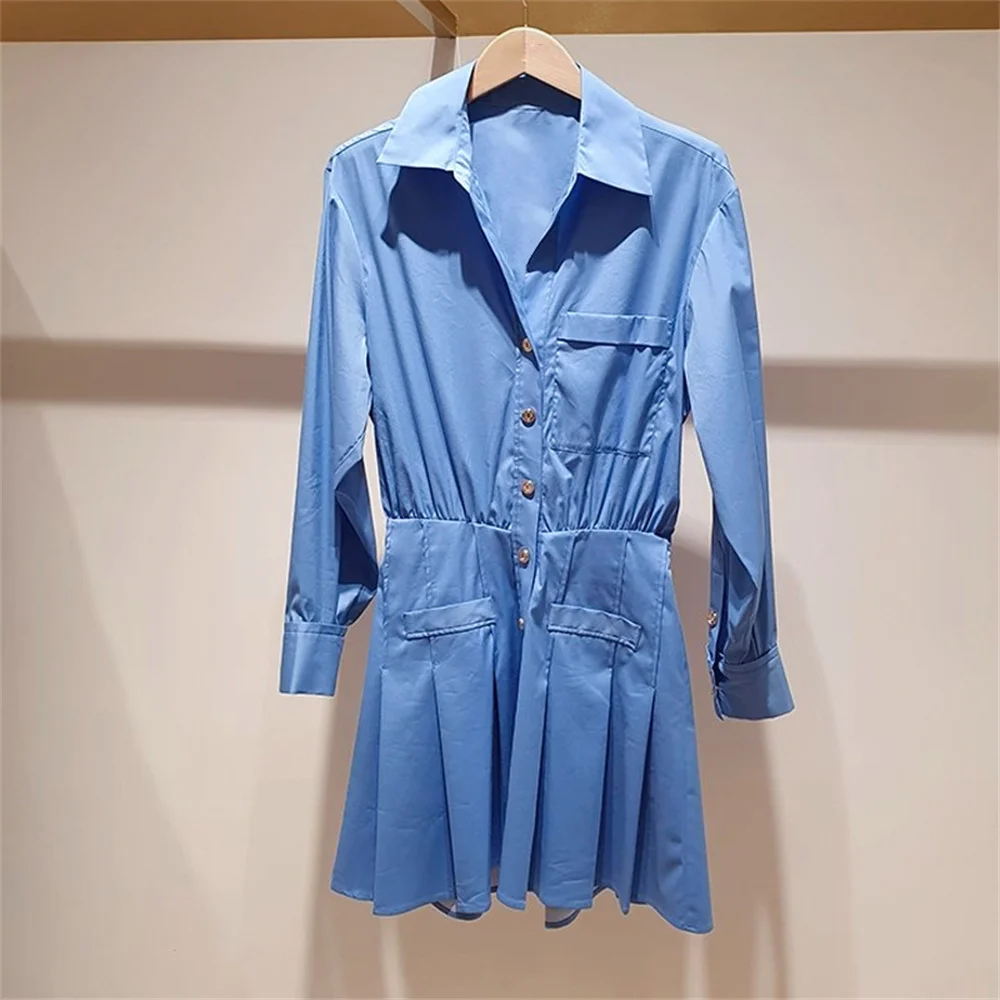 

Новинка 2023, женские платья, приталенные темпераментные хлопковые плиссированные платья-рубашки в полоску с длинным рукавом и завышенной талией