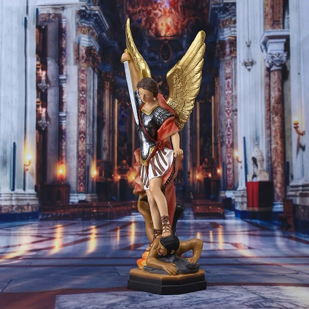 

Статуя Святого мильки, ангела, статуя Святого мильки, статуя из смолы ручной работы, религиозная статуя, удерживающая книги, мечи, ангел, убивающий демона, Бог, скульптура