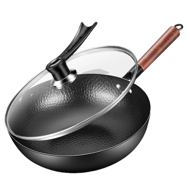 

Non Stick Wok Pans Glass Lid Cast Iron Vintage Chinese Wok Pan Frying Traditional Black Big Casserole Cuisine Cookware Wok Pan