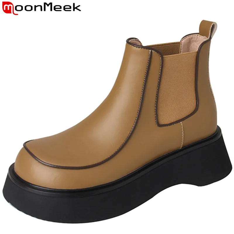 

MoonMeek 2022 New Mixed Colors Ankle Platform Chelsea Boots Chunky Dress Shoes Ladies Genuine Leather Women Winter Boots