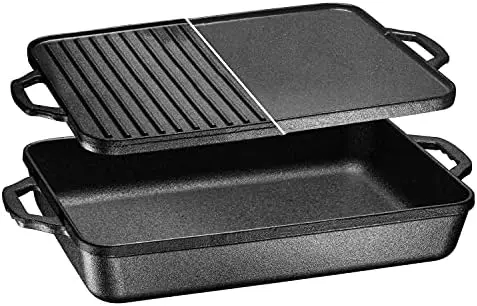 

Pre-Seasoned Cast Iron Rectangle Pan With With Reversible Grill Griddle Lid Multi Cooker Deep Roasting Grill Pan, Non-Stick Open