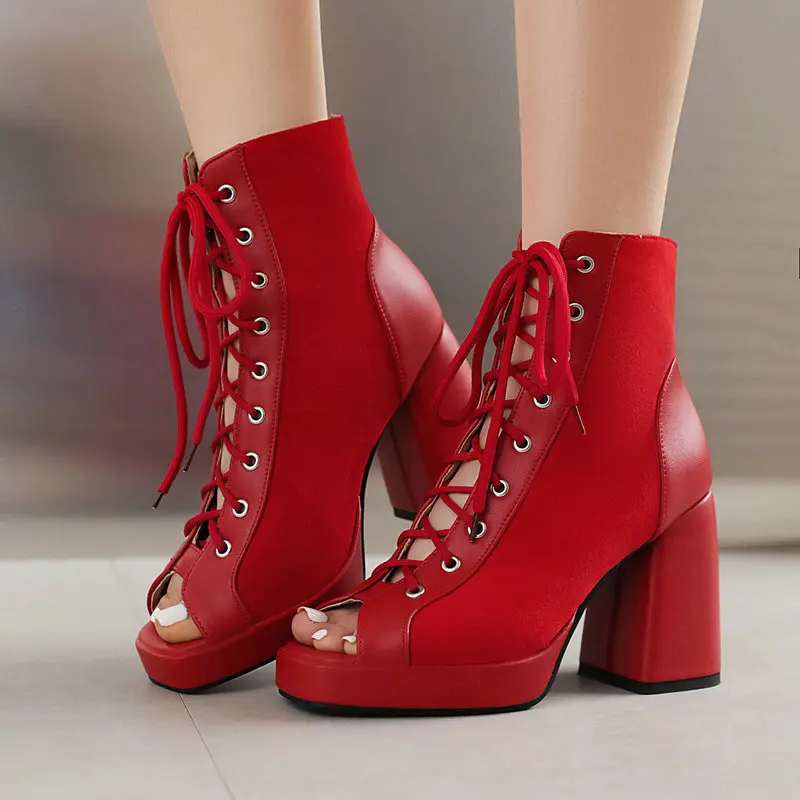 

Plain Red Black Peep Toe Women Shoes Spring Summer Lace-up Goth Punk Chunky High Heeled Boots Platform Heels Ankle Boot Sandals