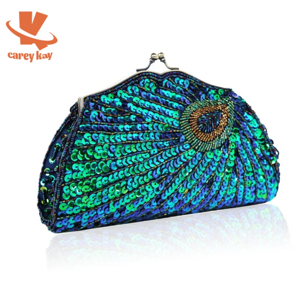 

CAREY KAY Women Vintage Evening Bags with Handle Peacock Pattern Sequins Beaded Bridal Clutch Mini Luxury Banquet Handbag Purse
