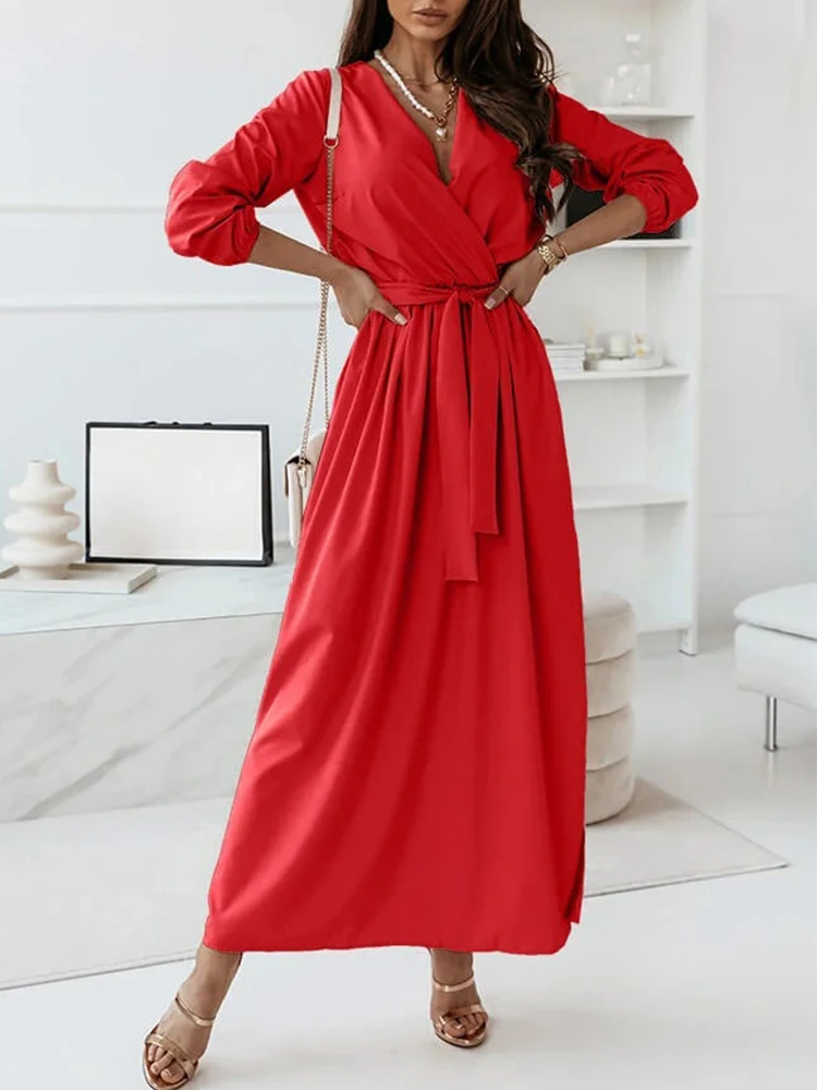 

Sexy Wrap V Neck Draped Boho Long Dress Women Spring Solid Slit Maxi Office Dress 2022 Summer Lace-up Belted Holiday Beach Dress