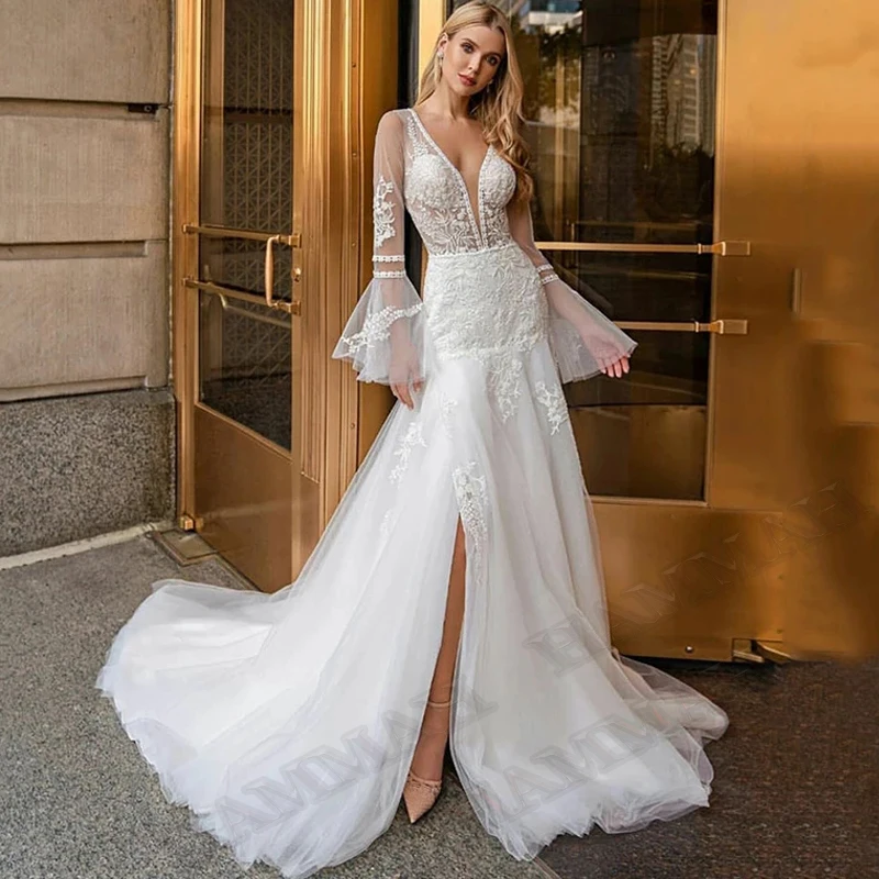 

HAMMAH Exquisite Mermaid Wedding Dresses Slit Lace Appliques Batwing Sleeves Sposa Vestidos Bride Party Gown Robe De Mariée