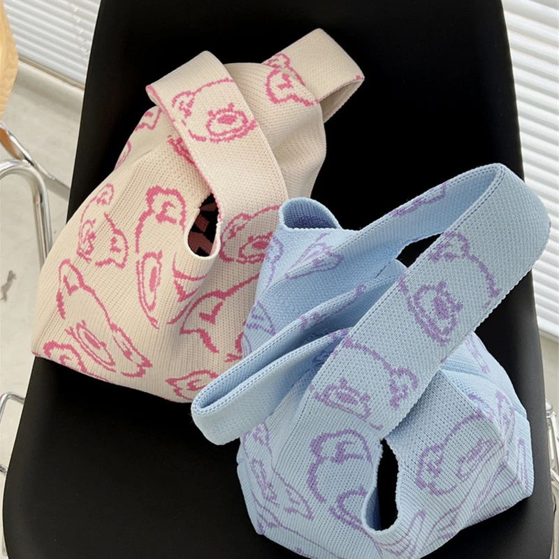 

2022 New Knitted Bear Shoulder Handbags Korean Style Cute Girls Large Capacity Shopping Bag Beach Tote Bags Can Be Customized