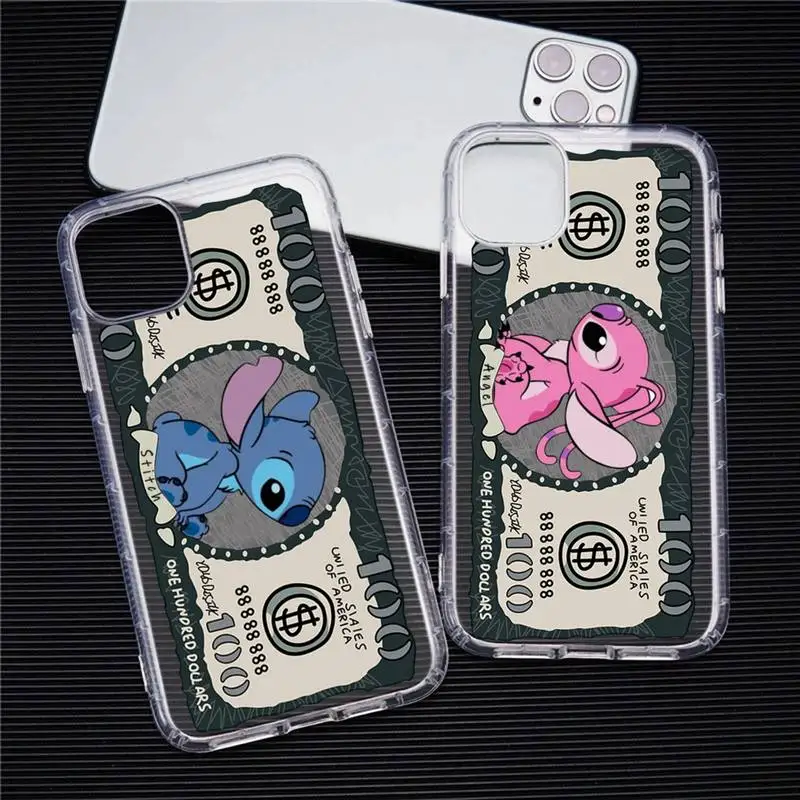 

Cute Cartoon Disney stitch Dollars Phone Case For iphone 13 12 11 Pro Max Mini XS 8 7 Plus X SE 2020 XR Transparent Soft Cover