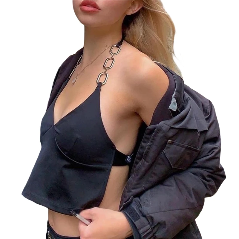 

y2k Vest for Women Summer Clothing Solid Color V Neck Sleeveless Backless Halter Crop Top Tanks Club Party Clothes Streetwear