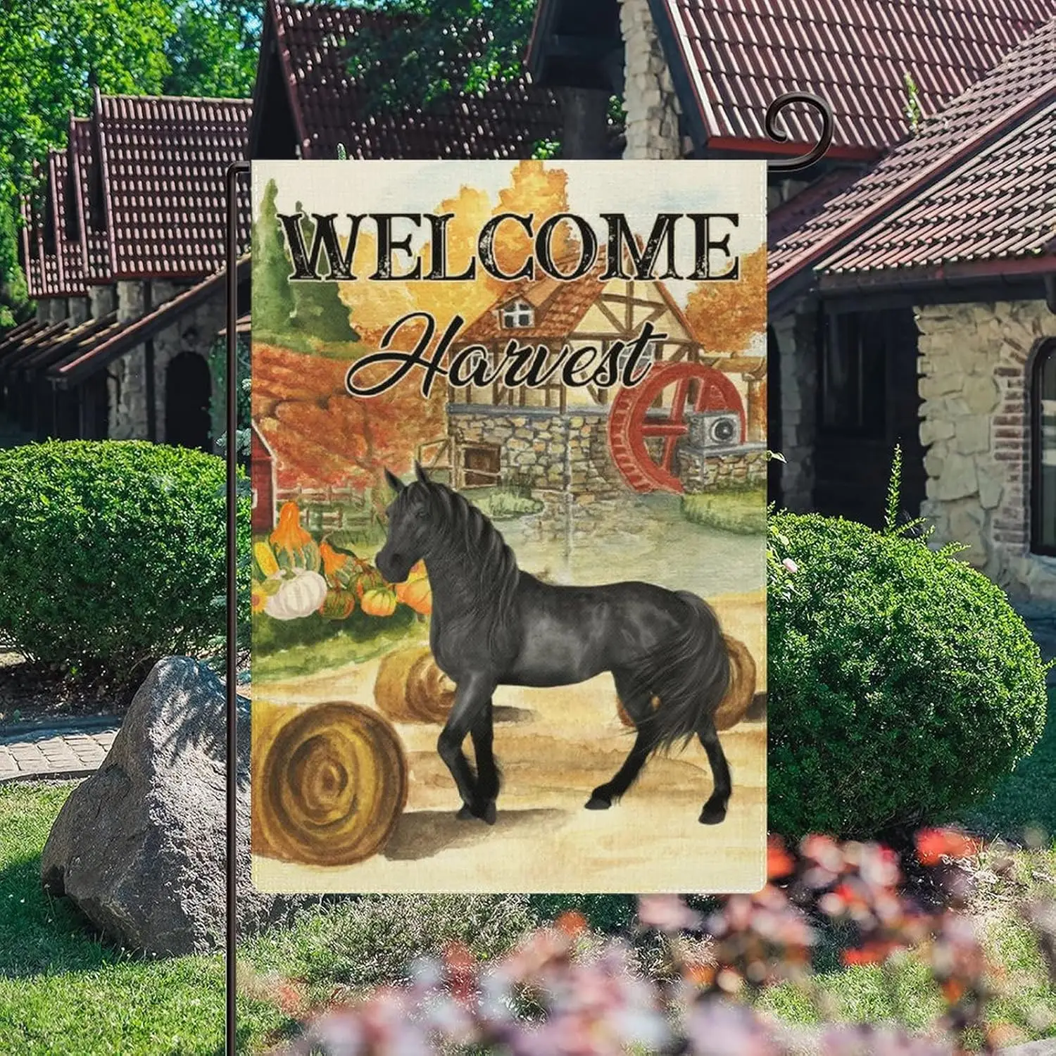 Fall Gold Farm Horse Welcome Outdoor Flag Garden Decor Thanksgiving for Outside Farmhouse 12x18in Burlap Verti