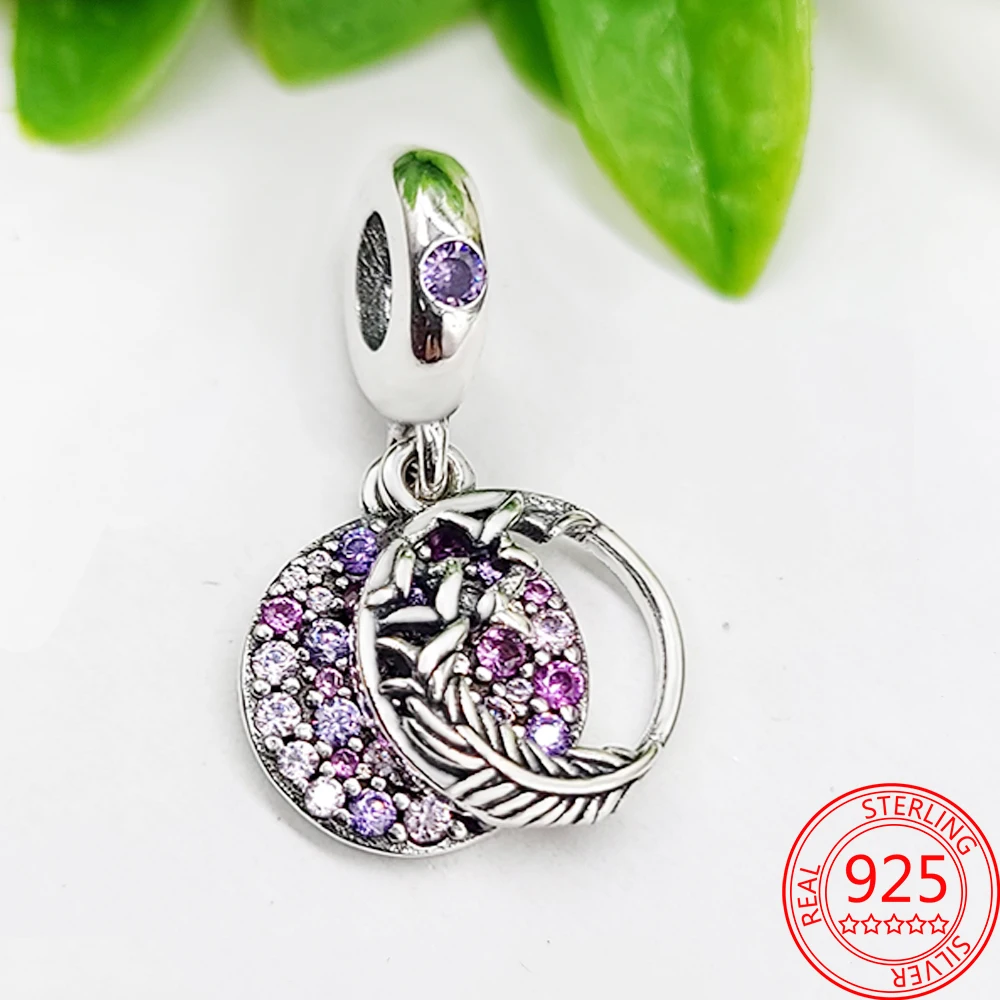 

Hot Sell 925 Sterling Silver Purple CZ, Pavé Feather Dangle Charm Fit Original Pandora Bracelet DIY Silver Jewelry