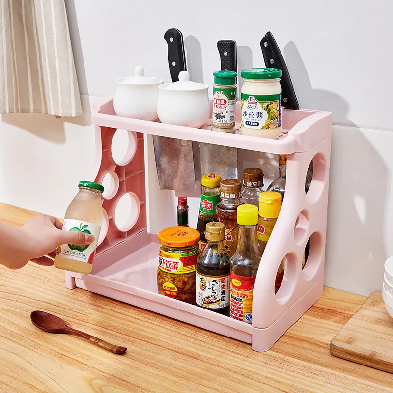 

Double Kitchen Storage Racks Plastic Storage Container Organizers Shelf Knife Stand Holder Spice RackHome Kitchen Accessories