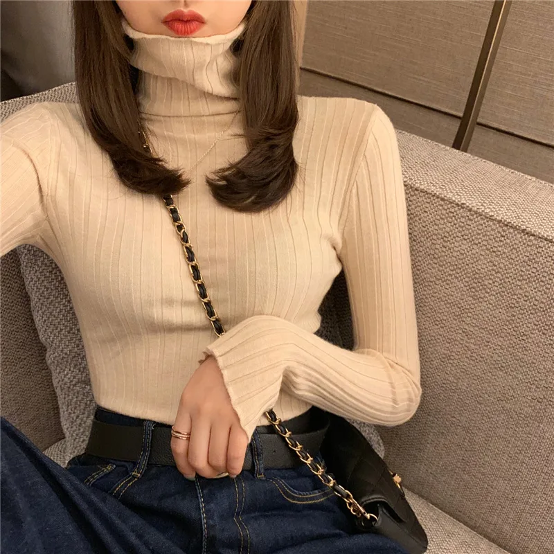 

Autumn and winter new style high collar pile neck knitted sweater women's long sleeves wear pit strip outside, slim fit inside