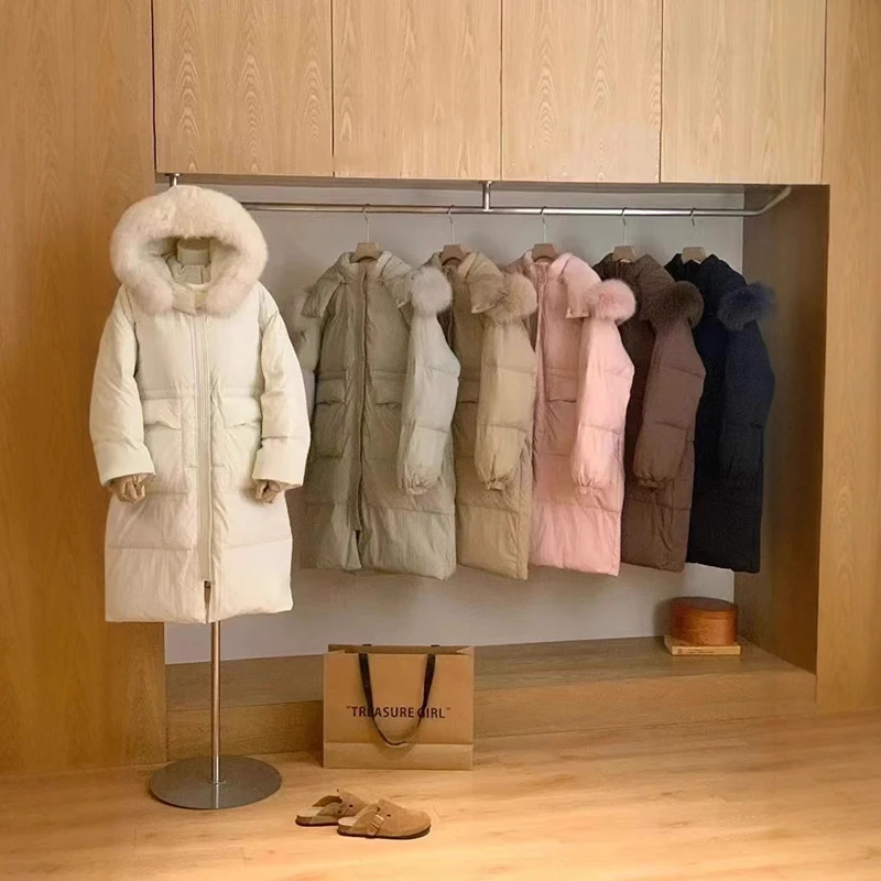 Зимний длинный пуховик женский толстый большой меховой воротник 90 белое пальто