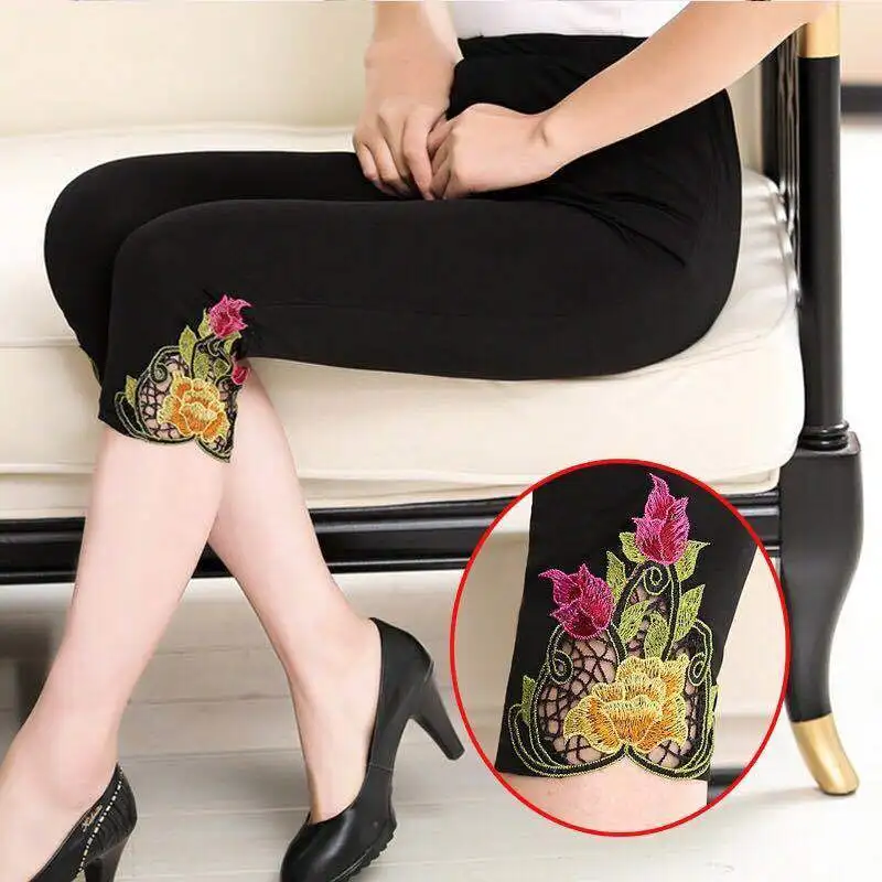 

2022 Summer Middle-aged Women 4XL Thin Pants New Elastic High Waist Leggings Slim Hollow Embroidery Casual Legging T17