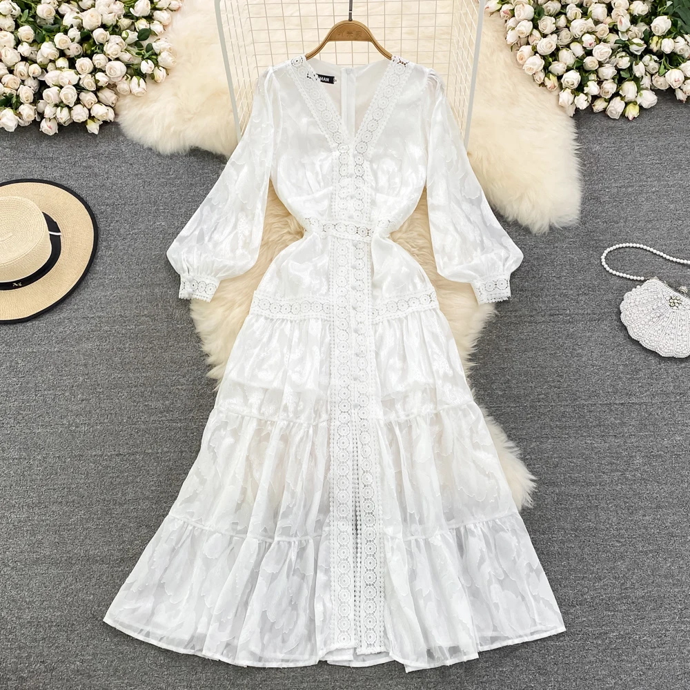 

VANOVICH Beach Style Sweet V-neck High-waisted Large-swing Long Dress Summer Waist and Thin White Hollow Out Lace A-line Dress