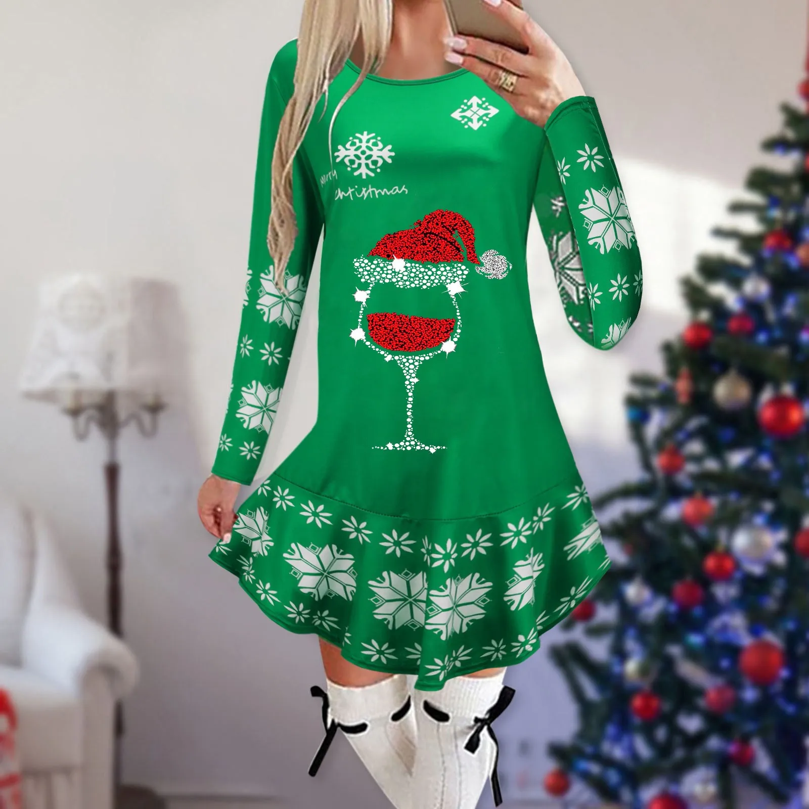 

Women Christmas Party Dress Fashion Autumn Winter Long Sleeve Wine Printing Dresses Ladies Christmas Mini Dress Vestidos Clothes