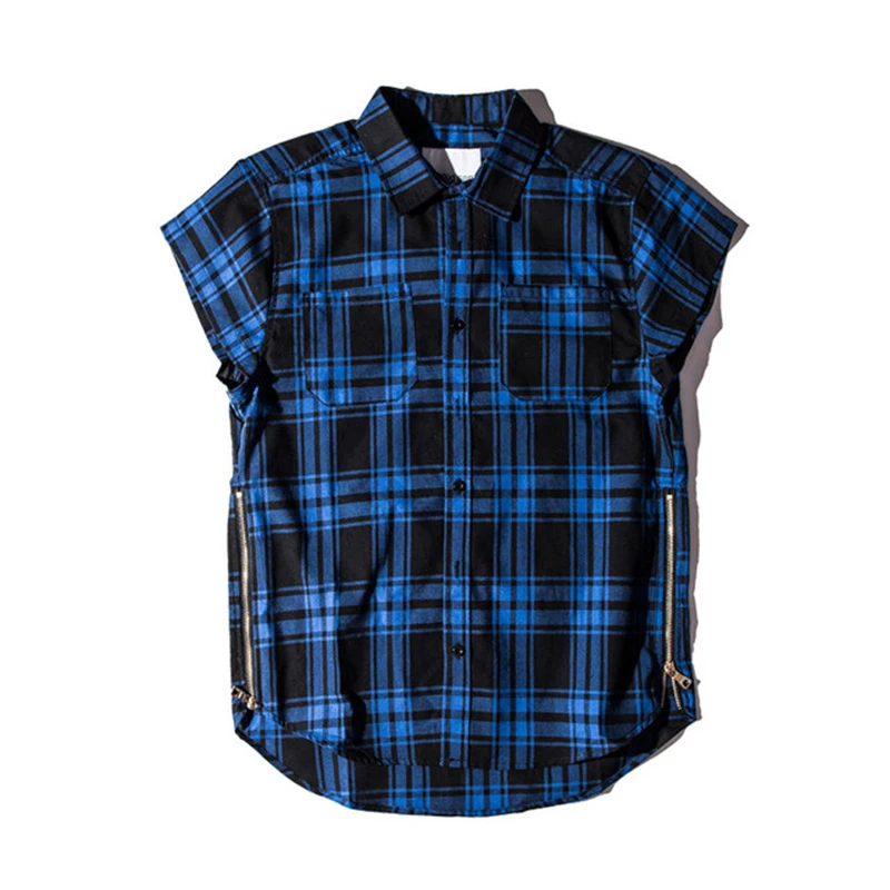 High Street Sleeveless Color Block Plaid Shirts Lapel Mens Retro Oversized Side Zipper Summer Casual Loose Tops Harajuku Hip Hop