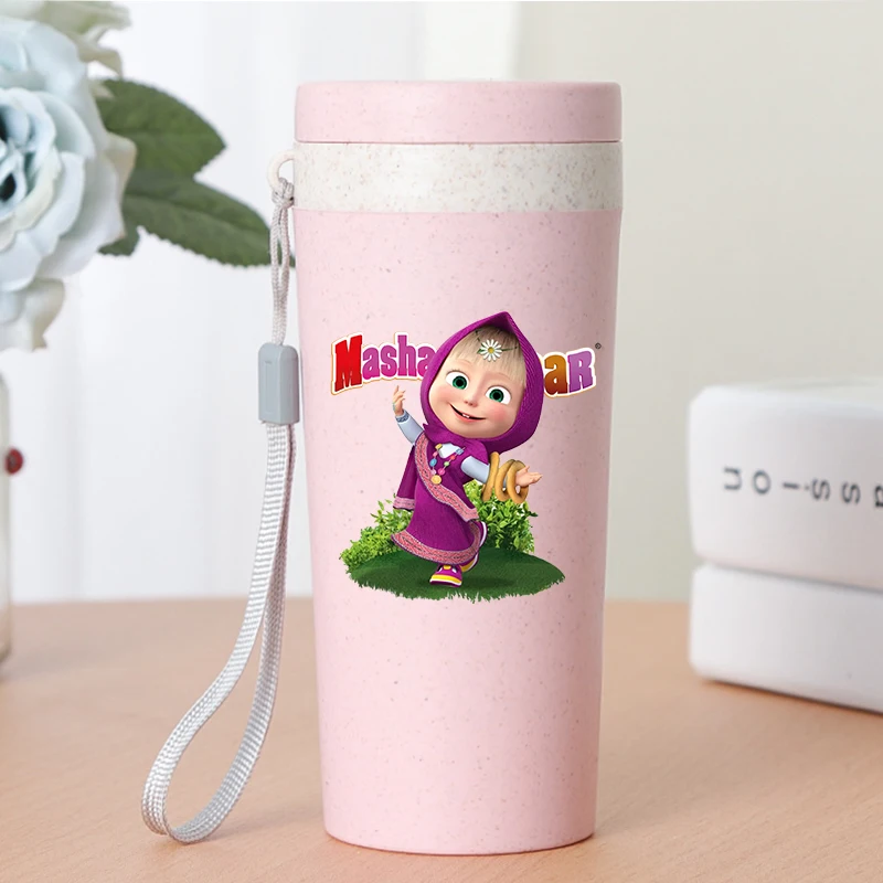 Фото Кружка для воды 350 мл с персонажами из мультфильма «Маша и Медведи», стеклянная, с кристальными наклейками, портативная, для студентов, милый дизайн, подарок для детей №2
