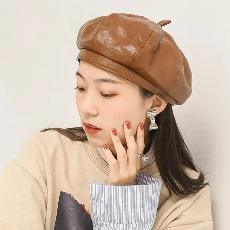 

2023 Retro Fashion Women's Pumpkin Hat Spring and Autumn British Versatile Artistic Octagonal Hat Soft Leather Beret