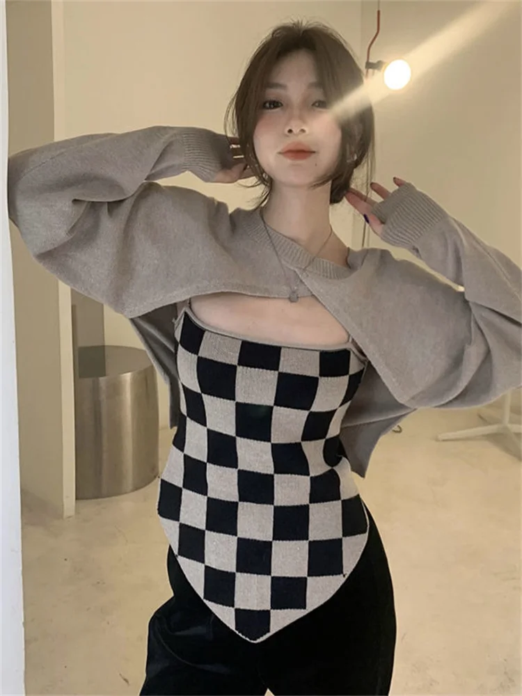 

Sweater Vest Tank Plaid Smock 2 Pieces Pullover Tanks Top Skinny Tube Jumper Solid Sexy Baggy Female Vintage Spring Autumn 2022