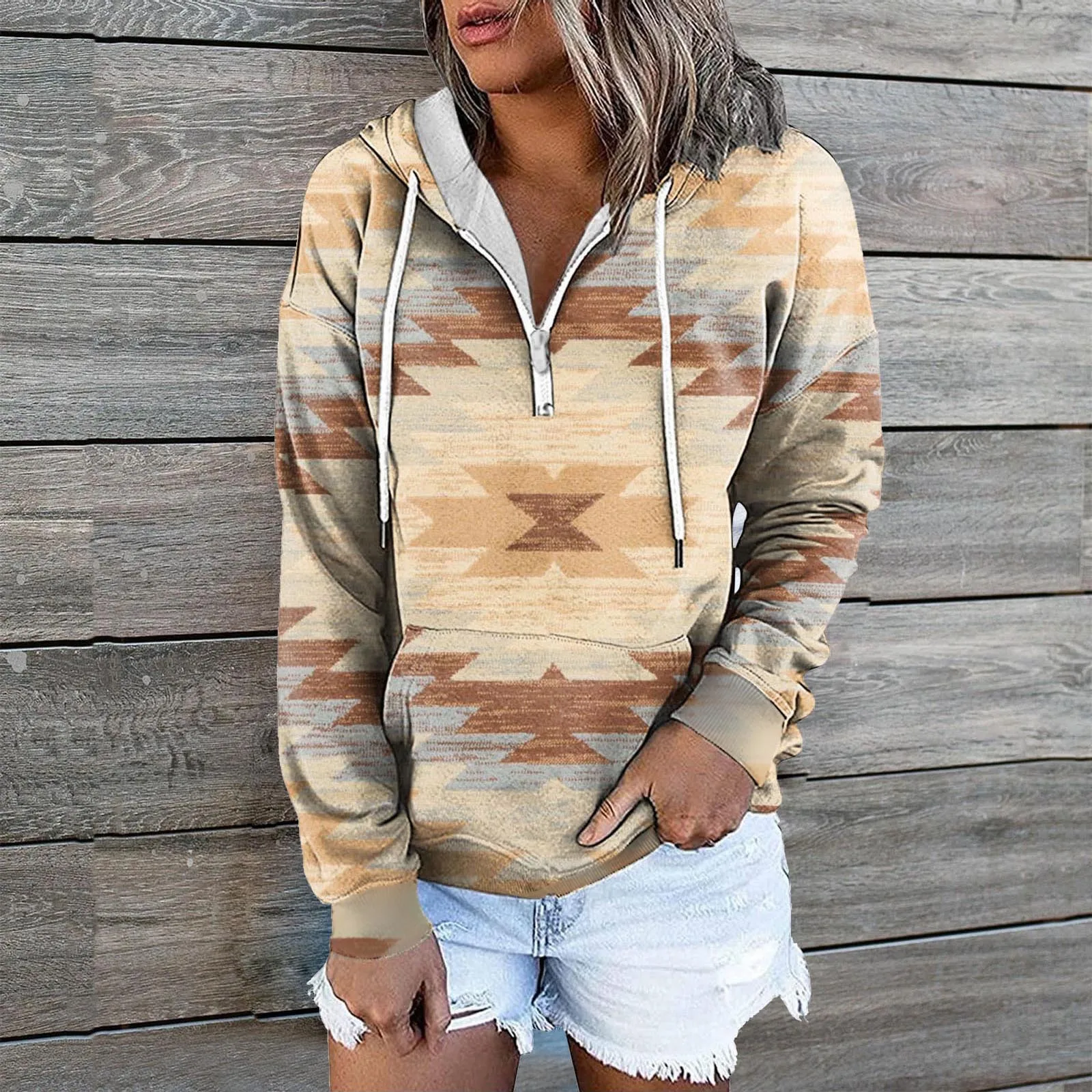 

Ladies Casual Spring Autumn Retro Aztec Print Long Sleeve Hooded Zip Sweatshirt With Pockets Sweatshirt Hooded Pullover