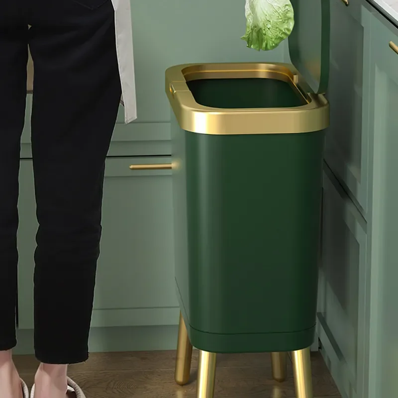 

Роскошная золотая корзина для мусора, корзина большой емкости для мусора для кухни, ванной комнаты, пластиковая корзина для мусора с высокой ножкой и нажимом