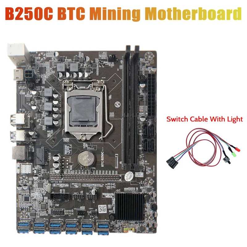 

B250C Miner Motherboard+Switch Cable With Light 12 PCIE To USB3.0 Graphics Card Slot LGA1151 Support DDR4 RAM For Mining