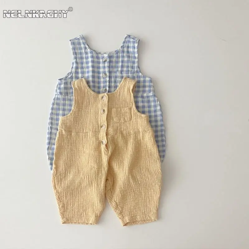 Newborn Baby Girls Boys Summer Sleeveless Solid Color Plaid Outfits Kids Infant Jumpsuits Cotton Romper Overalls 0-18M