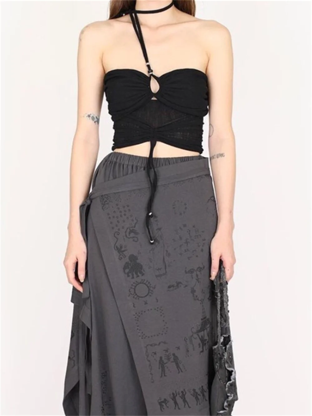 

Женский пикантный топ на шнуровке с лямкой на шее, Модный летний Однотонный женский комплект из двух предметов на бретелях для праздников